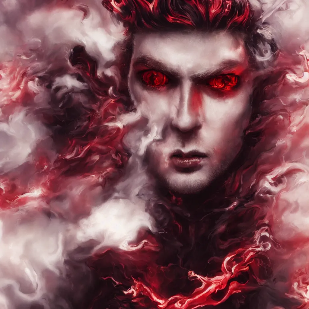 Prompt: oil painting of a pale menacing prince with fluffy blond curls of hair and piercing eyes, genetically augmented super soldier, with soft red color and black color luminous eyes, against a hellish background with vapor and a lot of smoke, darkart, hyperdetailed, hyperealistic, cinematography, 16k, 3D, Artstation, Deviantart, very beautiful