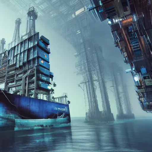 Image similar to photo of Immense industrial futuristic cargo ship arrives at cyber punk city sea port, cinematic lighting, photo