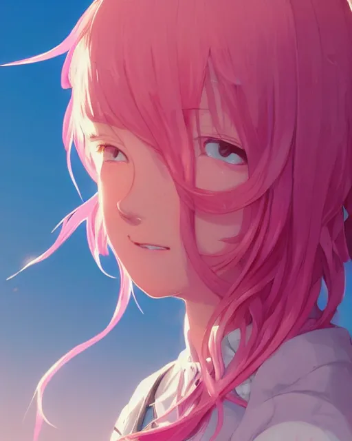 Image similar to happy teenage girl side face with pink curly pastel hair .Many single strips of hair floating in the air. Bright big eyes. Fine particles of red leaves.，cute, anime wallpaper，Sunlight on the face.by Krenz Cushart, Ian McQue, Ilya Kuvshinov, CloverWorks.vivid color.Shining highlights