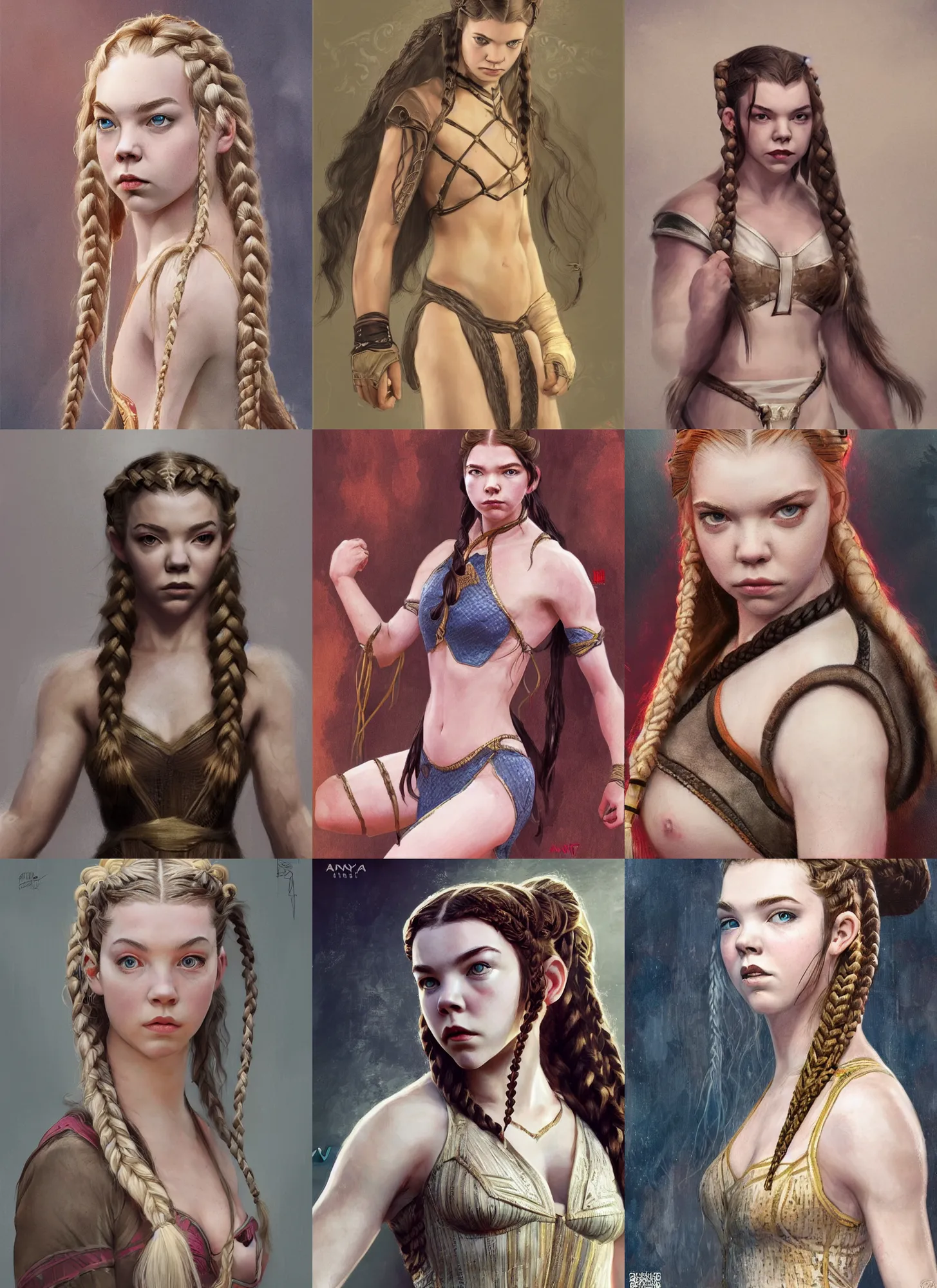 portrait anya taylor-joy, long blond braided hair with, Stable Diffusion