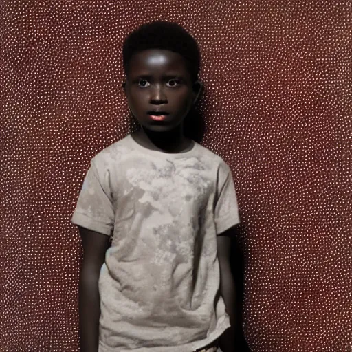 Prompt: a portrait a boy standing in front of a wax print fabric by sanele muholi and william kentridge and kara walker,