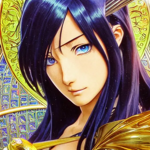 Image similar to highly detailed vfx portrait of nico robin by eiichiro oda!, makoto shinkai, alphonse mucha, sharp focus, art by artgerm and greg rutkowski!, backlit, harsh overhead sunlight, blue eyes!!, large aquiline nose!!, stanley kybric, kaoru mori, intricately detailed, top rated on pixiv,