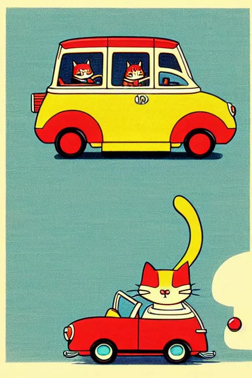 Image similar to by richard scarry. a cat shaped car. a 1 9 5 0 s retro illustration. studio ghibli. muted colors, detailed