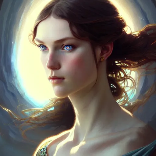 Image similar to Portrait of nordic girl, blue eyes, face, fantasy, intricate, elegant, highly detailed, digital painting, artstation, concept art, smooth, sharp focus, illustration, art by artgerm and greg rutkowski and alphonse mucha