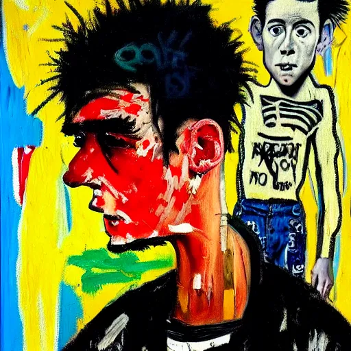 Image similar to detailed neo expressionism oil painting of sad boy lil peep rapper by basquiat and norman rockwell