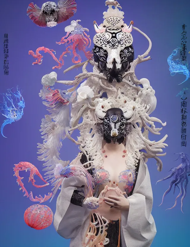 Prompt: 3 d goddess bottom - up with ram skull. beautiful intricately detailed japanese crow kitsune mask and clasical japanese kimono. betta fish, jellyfish phoenix, bio luminescent, plasma, ice, water, wind, creature, artwork by tooth wu and wlop and beeple and greg rutkowski