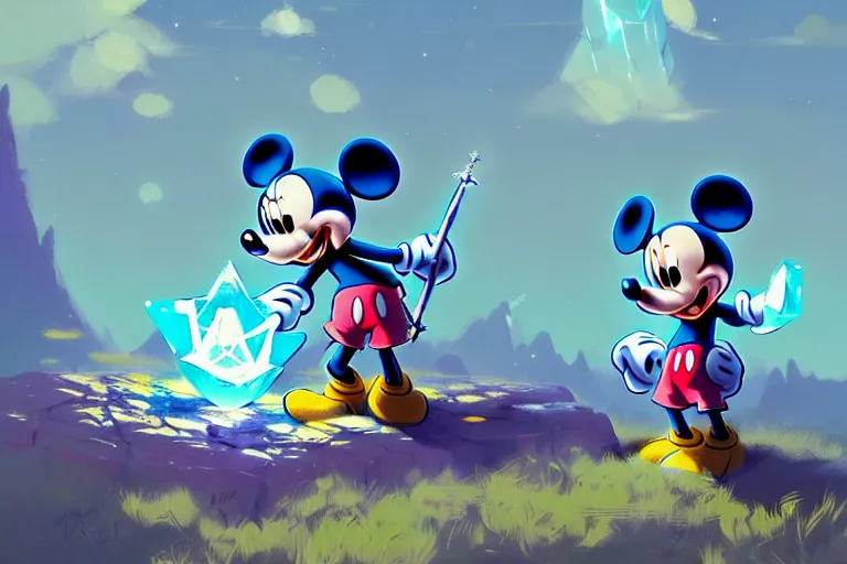 Image similar to concept art, adventurer mickey mouse standing in breath of the wild glowing crystal ore mines. anime styled. bright blue and cyan sky. hyper kawaii cute. by greg rutkowski, in the style of a grand adventure, extremely artistic