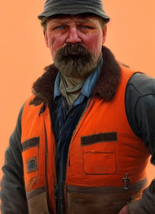 Prompt: a russian railroad electrician!!!, male!!, wearing orange vest!!, siberia!!, portrait, dirty, fat, ugly, intricate, elegant, highly detailed, digital painting, artstation, concept art, wallpaper, smooth, sharp focus, illustration, art by artgerm and greg rutkowski and alphonse mucha