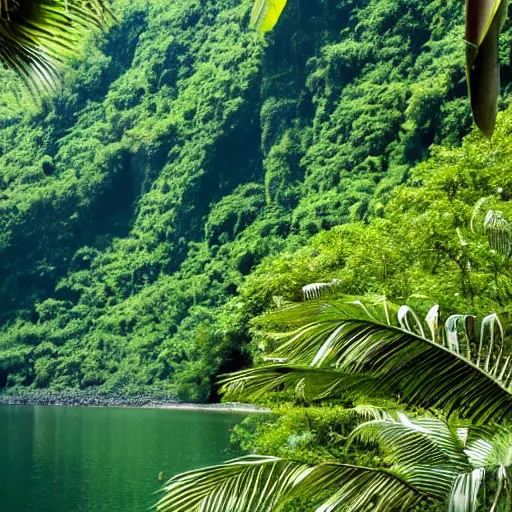 Image similar to a fjord in a tropical jungle.