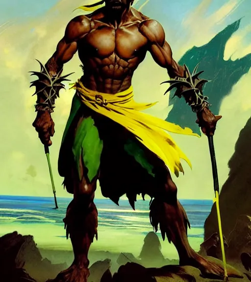 Image similar to magic : the gathering fantasy character concept art by frank frazetta and marco bucci, high resolution. a clear portrait of a 3 0 - year old athletic male jamaican, fisherman, wearing yellow green black calico clothing, magical fishing rod weapon, jamaican ocean flowing in the background, symmetry, fantasy coloring, intricate, 8 k, digital painting, artstation, smooth, sharp focus