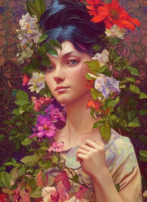 Image similar to Gardenia flowers, colorful, psychedelic, intricate, elegant, highly detailed, digital painting, artstation, concept art, smooth, sharp focus, illustration, art by artgerm and greg rutkowski and alphonse mucha