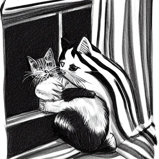 Image similar to sketch black and white hyper detailed cosy home girl and cat