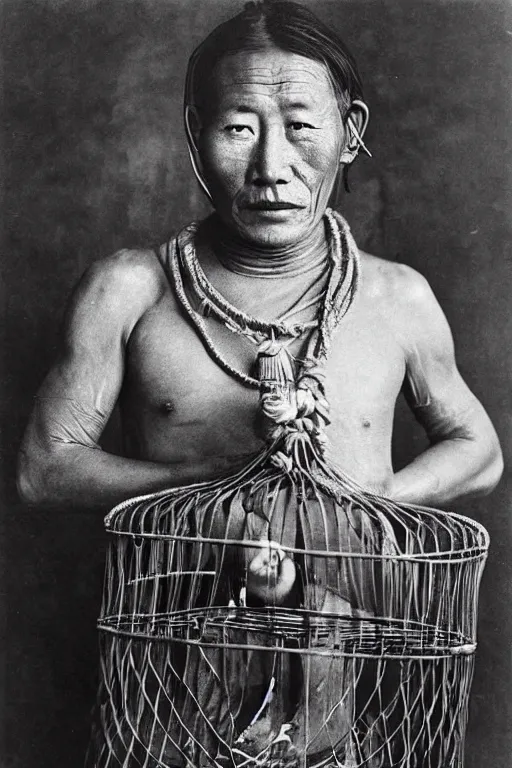 Image similar to ultra realistic vintage photo portrait of a tibetan man with a birdcage in the chest, by Annie Leibovitz,