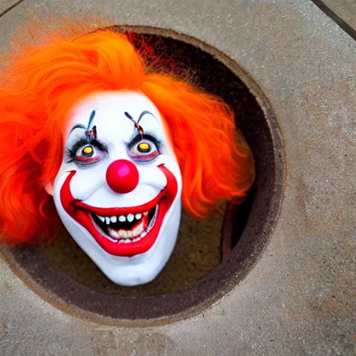 Prompt: it. clown with sharp teeth, red nose and orange hair smiling evilly from storm drain