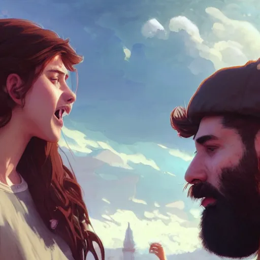 Prompt: bearded man is yelling at a teenage girl, highly detailed, professional digital painting, unreal engine 5, photorealism, hd quality, 8 k resolution, cinema 4 d, 3 d, cinematic, art by artgerm and greg rutkowski and alphonse mucha and loish and wlop