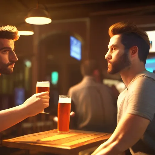 Image similar to cinematic scene with attractive male and another attractive male, shorts, drinking their hearts out, in the pub, high definition, very detailed, volumetric lighting, still frame