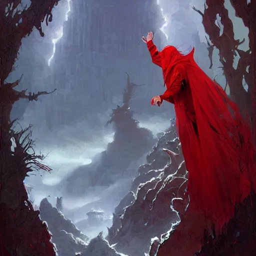 Prompt: fantasy painting with a wizard in red robes in a surreal environment by greg rutkowski and michael whelan w 1 0 2 4