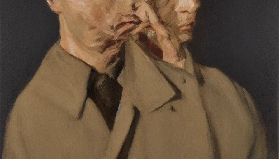 Prompt: painting by borremans, agent in a coat with cigarette, detailed, stunning