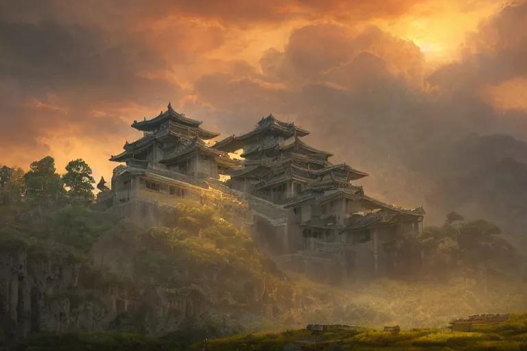 Image similar to cinematic lighting fantasy painting, an ancient land, sunset and ominous shadows over the kingdom, valleys and farmland and villages, brutalist cement shiro himeji rivendell palace, garden of eden by jessica rossier