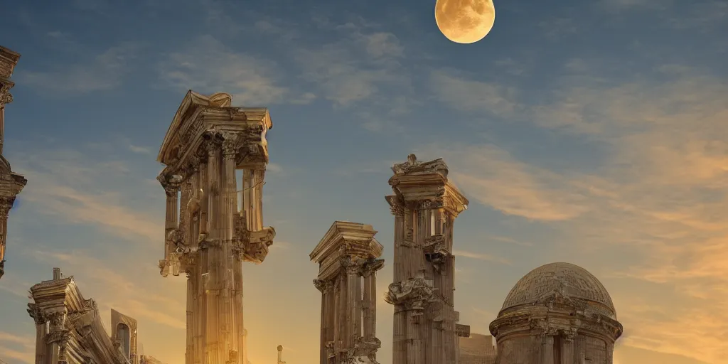 Image similar to human futuristic city, highly detailed,, beautiful architecture greek style, si - fi, golden hour light, two moon on the sky, 8 k, sharp focus, cinematic
