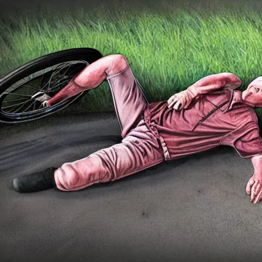 Prompt: Brian Limmond in a bike crash falling of his bike, blood, photorealistic