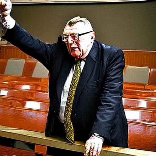 Image similar to zhirinovsky goes to hell and rips off the hands of sinners in hyper - realistic style