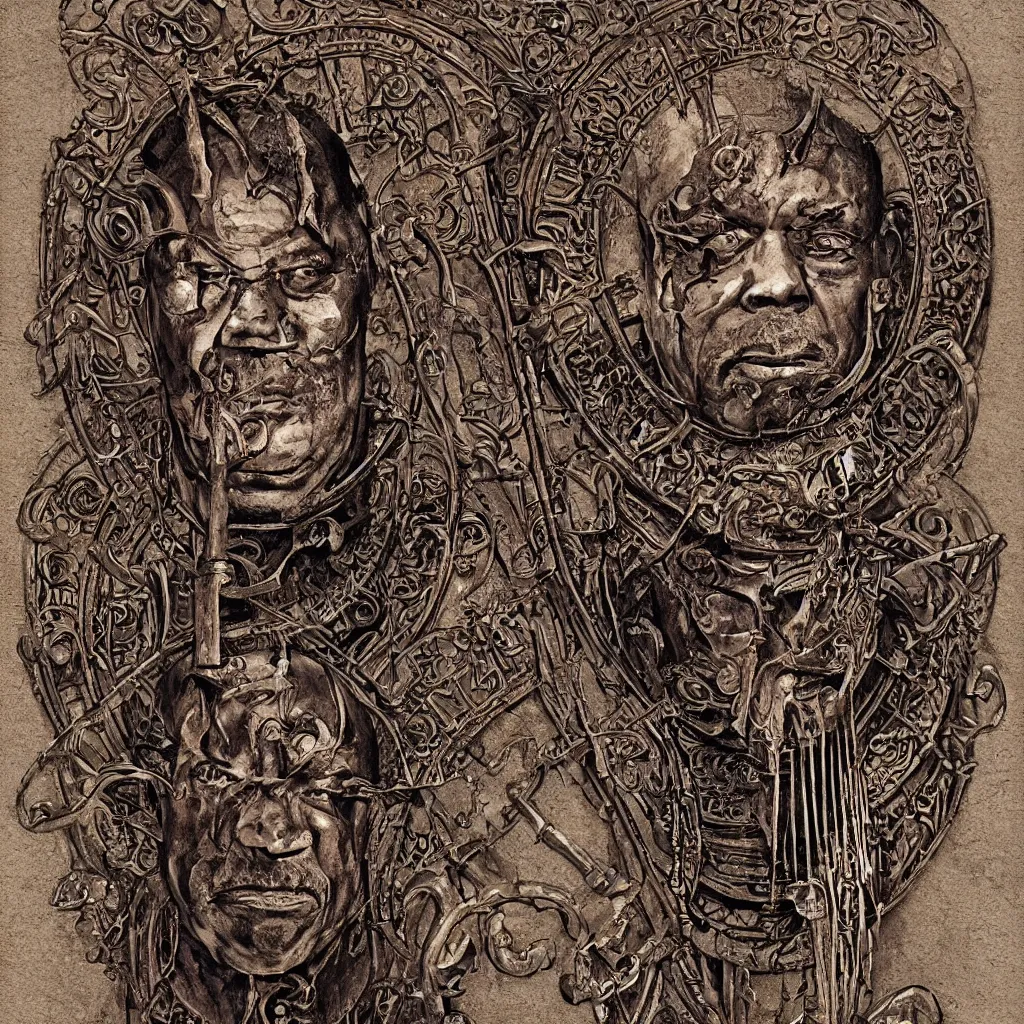 Image similar to decayed art nouveau bust portrait of James Earl Jones as Thulsa Doom in shining rune-carved armor by Kyle Hotz and Michael Golden, with rich atmospheric colors, sinister ambience, perfect mixed media illustration, accurate symmetrical anatomy details, metallic art nouveau border designs, precise machinery, perfect symmetry, sumerian, roman, egyptian, medieval, bill sienkiewicz