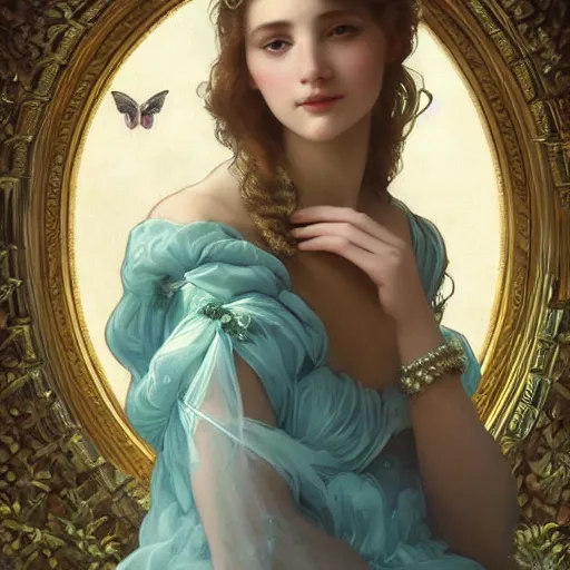 Prompt: beautiful, young woman, in renaissance times, detailed gorgeous face, sad eyes, vaporwave aesthetic, synthwave long luxurious gown made out of pearls, hair done up with flowers and ribbons, digital art, butterflies, birds, digital painting, artstation, concept art, smooth, sharp focus, illustration, art by artgerm and greg rutkowski and alphonse mucha