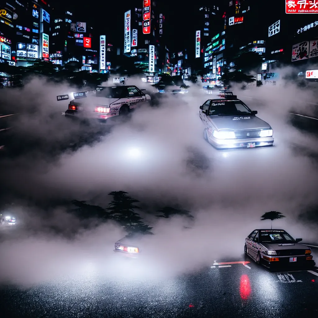 Image similar to JZX100 twin turbo drift in Shibuya, misty night