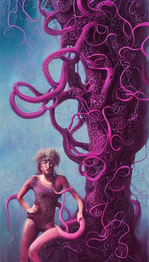 Prompt: very detailed portrait of a 2 0 years old girl surrounded by tentacles, the youg woman visage is blooming from fractal and vines, by paul lehr,