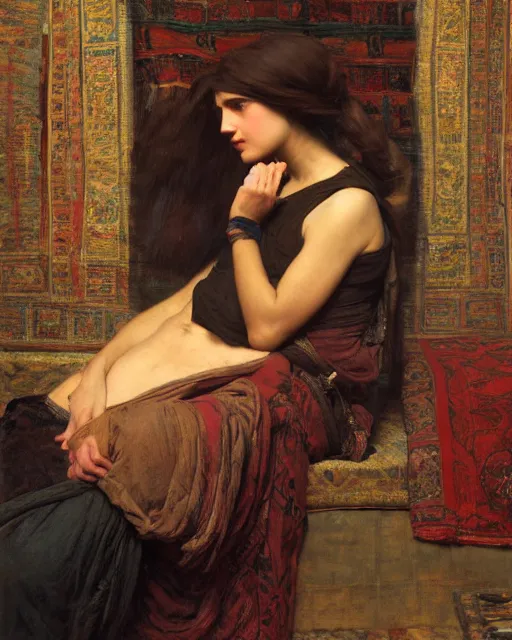 Image similar to a an exhausted artist in his studio orientalist intricate portrait by john william waterhouse and edwin longsden long and theodore ralli and nasreddine dinet, oil on canvas. cinematic, hyper realism, dramatic lighting, high detail 8 k