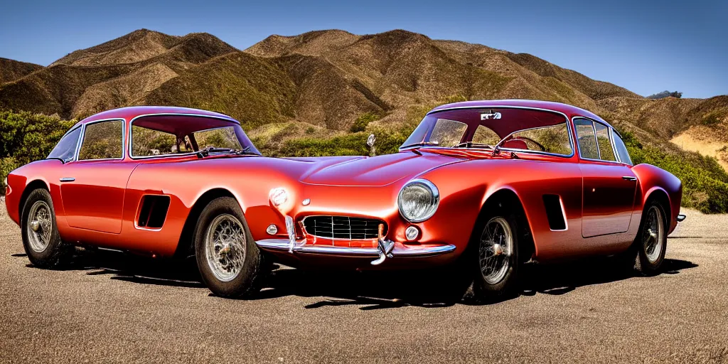 Image similar to photograph, 1958 FERRARI 250 GT, copper paint, by Peter Singhof, press release, cinematic, malibu canyon, 8k, depth of field, bokeh. rule of thirds