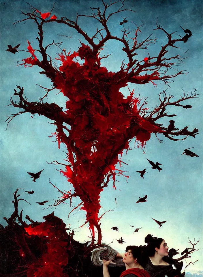 Prompt: liquid boiling red wax from which bones and branches stick out, many birds and black roses fly around, a dark background, full height view, wide angle, epic, oil painting in a renaissance style , very detailed, painted by Caravaggio, Greg rutkowski, Sachin Teng, Thomas Kindkade, Norman Rockwell, Tom Bagshaw.