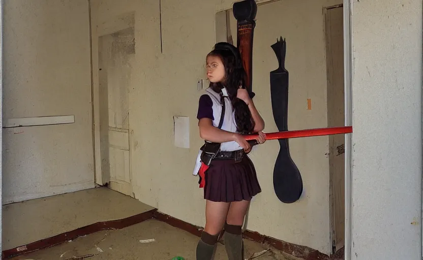 Image similar to School girl holding a katana and standing on an abandoned hospital room, by Robert Venosa