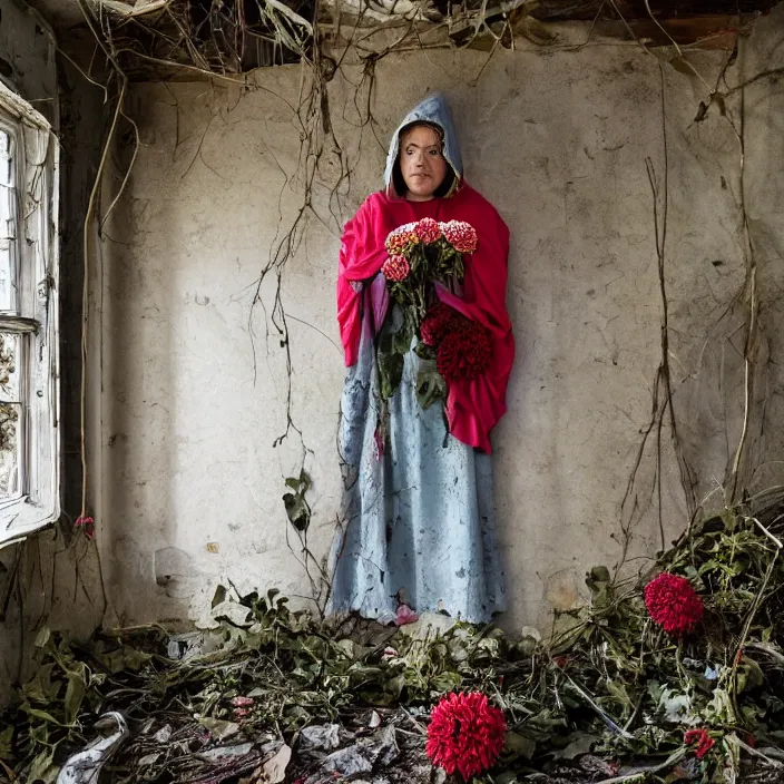 Prompt: a woman wearing a hooded cloak made of zinnias and barbed wire, in a derelict house, by Mario Testino, natural light, detailed face, CANON Eos C300, ƒ1.8, 35mm, 8K, medium-format print