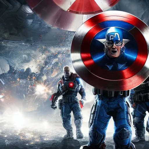 Image similar to Portrait of Donald Trump as captain america in Gears of War, splash art, movie still, cinematic lighting, dramatic, octane render, long lens, shallow depth of field, bokeh, anamorphic lens flare, 8k, hyper detailed, 35mm film grain