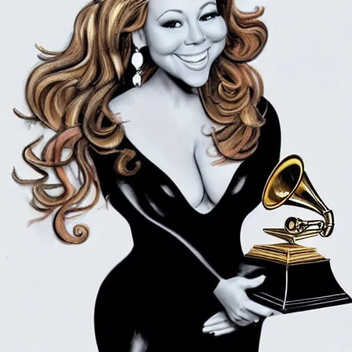 Prompt: a caricature portrait of mariah carey holding a grammy award