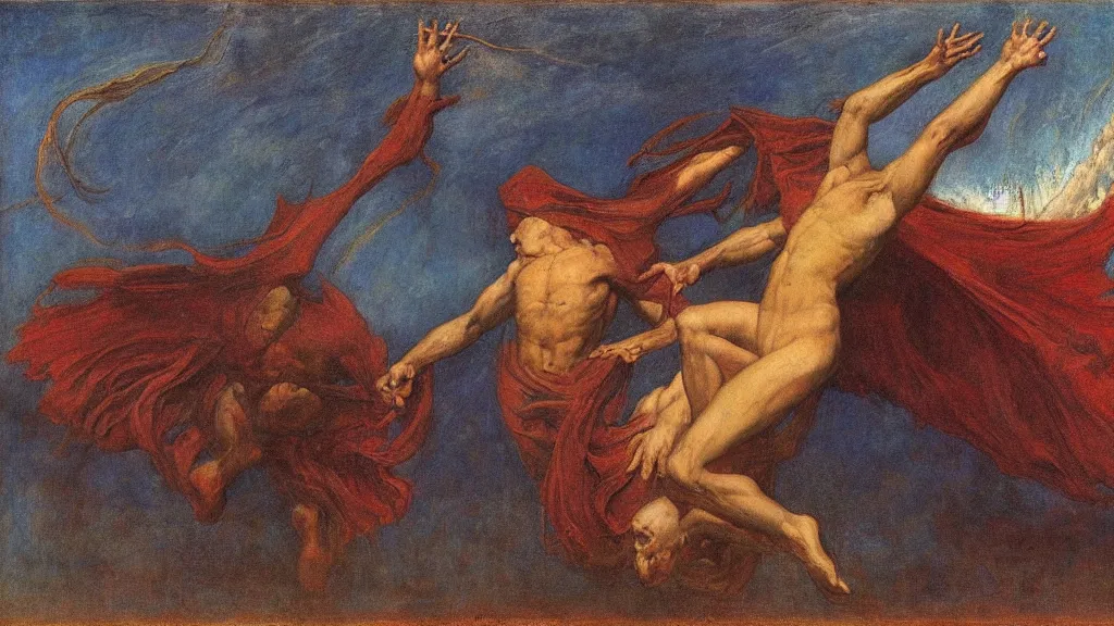 Prompt: ( he is strong with change, and rideth forth in whirlwind clothed, with thunders and with doom to the red stars ) in the style of max klinger, george frederick watts, jean delville, oil on canvas