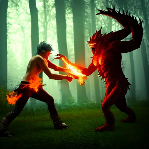 Prompt: fire magician fighting a monster in a misty forest, by final fantasy, inspired by final fantasy, highly detailed, trending on artstation, 4 k, ultra detailed, soft light, sharp focus