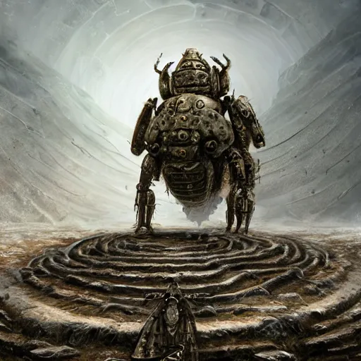 Image similar to giant armored ashigaru beetle war construct golem, glowing gnostic brian froud markings, magic and steam - punk inspired, in an ancient stone circle on a plateau in a blizzard, kanji markings, concept painting by jessica rossier, hr giger, john berkey