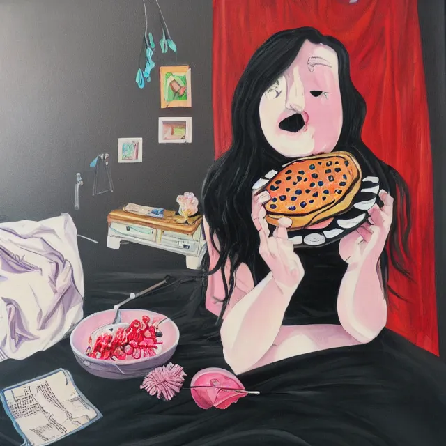 Prompt: a portrait in a female artist's bedroom, black walls, emo girl eating pancakes, sheet music on fire, berries, surgical supplies, handmade pottery, flowers, sensual, octopus, neo - expressionism, surrealism, acrylic and spray paint and oilstick on canvas