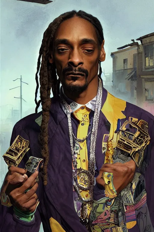 Image similar to male cottagecore snoop dogg, Calvin Cordozar Broadus Jr., police raid in the ghetto, peopl getting arrested, intricate, swagger, highly detailed, digital painting, artstation, concept art, smooth, sharp, focus, illustration, art by artgerm and greg rutkowski and alphonse mucha