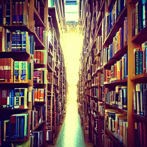Prompt: “lost in a labyrinth that is Powell’s City of Books. Sunlit. Lots of clarity. photo”
