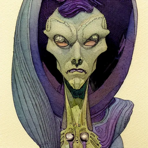 Prompt: a simple and atmospheric watercolour portrait of a pulp sci - fi alien hivr queen, very muted colors, by rebecca guay, michael kaluta, charles vess and jean moebius giraud