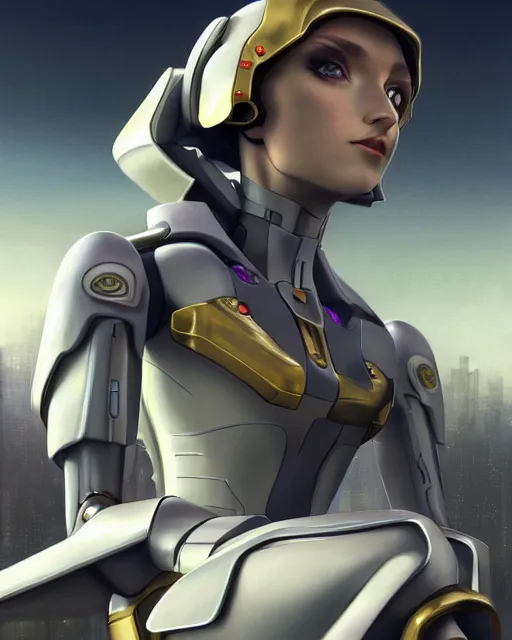 Image similar to beautiful delicate imaginative streamlined elegant futuristic close up portrait of a soldier female sitting with elegant deadly looks, mecha neon genesis evangelion armor with gold linings by ruan jia, tom bagshaw, alphonse mucha, futuristic buildings in the background, epic sky, vray render, artstation, deviantart, pinterest, 5 0 0 px models