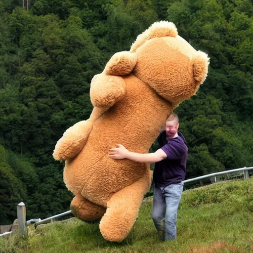 Prompt: picture of person carrying the worlds largest teddy bear up a hill