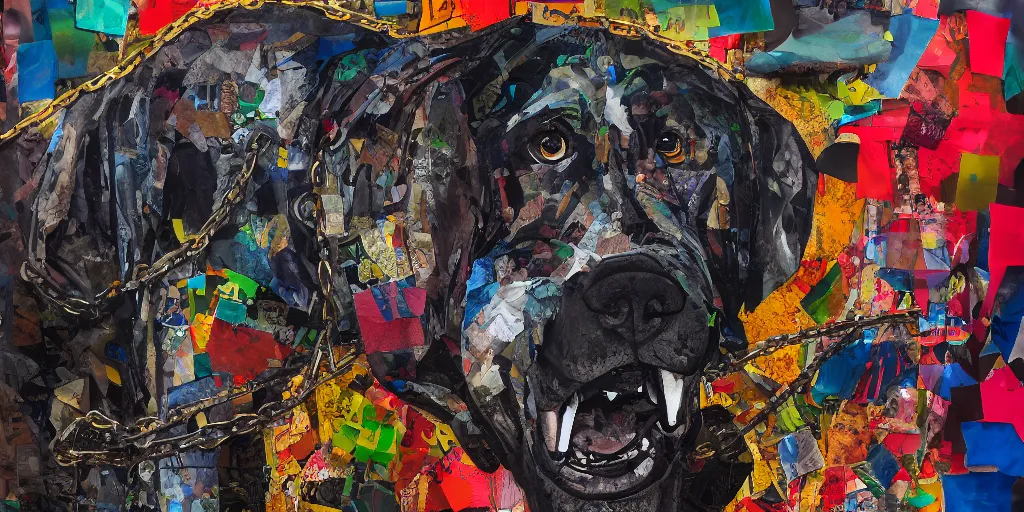 Prompt: mad dog on a chain, collage paper and tape, acrylic on canvas, hyperrealism mixed with expressionism, high resolution, cinematic, unreal 6 breathtaking detailed, by blake neubert and matt sesow