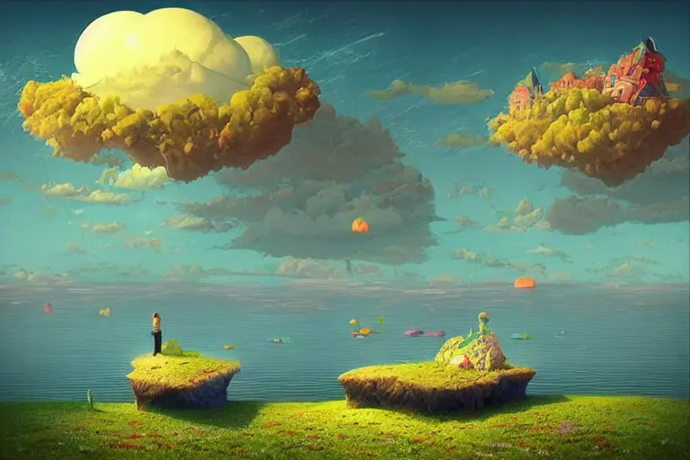 Prompt: surreal glimpse into other universe, floating island in the sky, sea and wind, summer morning, very coherent and colorful high contrast, art by!!!! gediminas pranckevicius!!!!, geof darrow, dark shadows, hard lighting