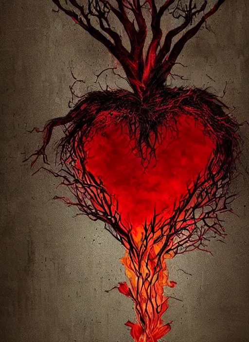 Prompt: dripping heart in fire ❤🔥 with roots growing above it, sadness, dark ambiance, concept by godfrey blow and banksy, featured on deviantart, sots art, lyco art, artwork, photoillustration, poster art, black and red