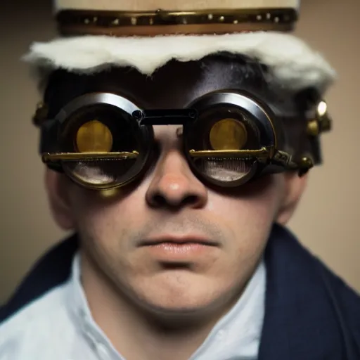 Image similar to photo of realistic real life napoleon wearing big steampunk googles, photo by gustave baumann